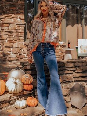 Fate Dig Deep Button Down Blouse in Orange Sz S